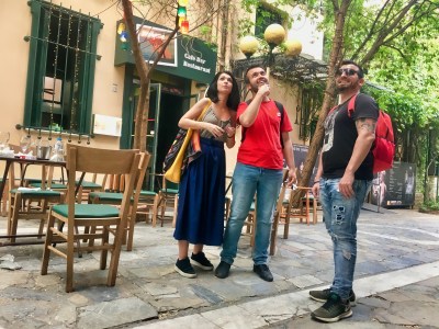 a person standing on a sidewalk